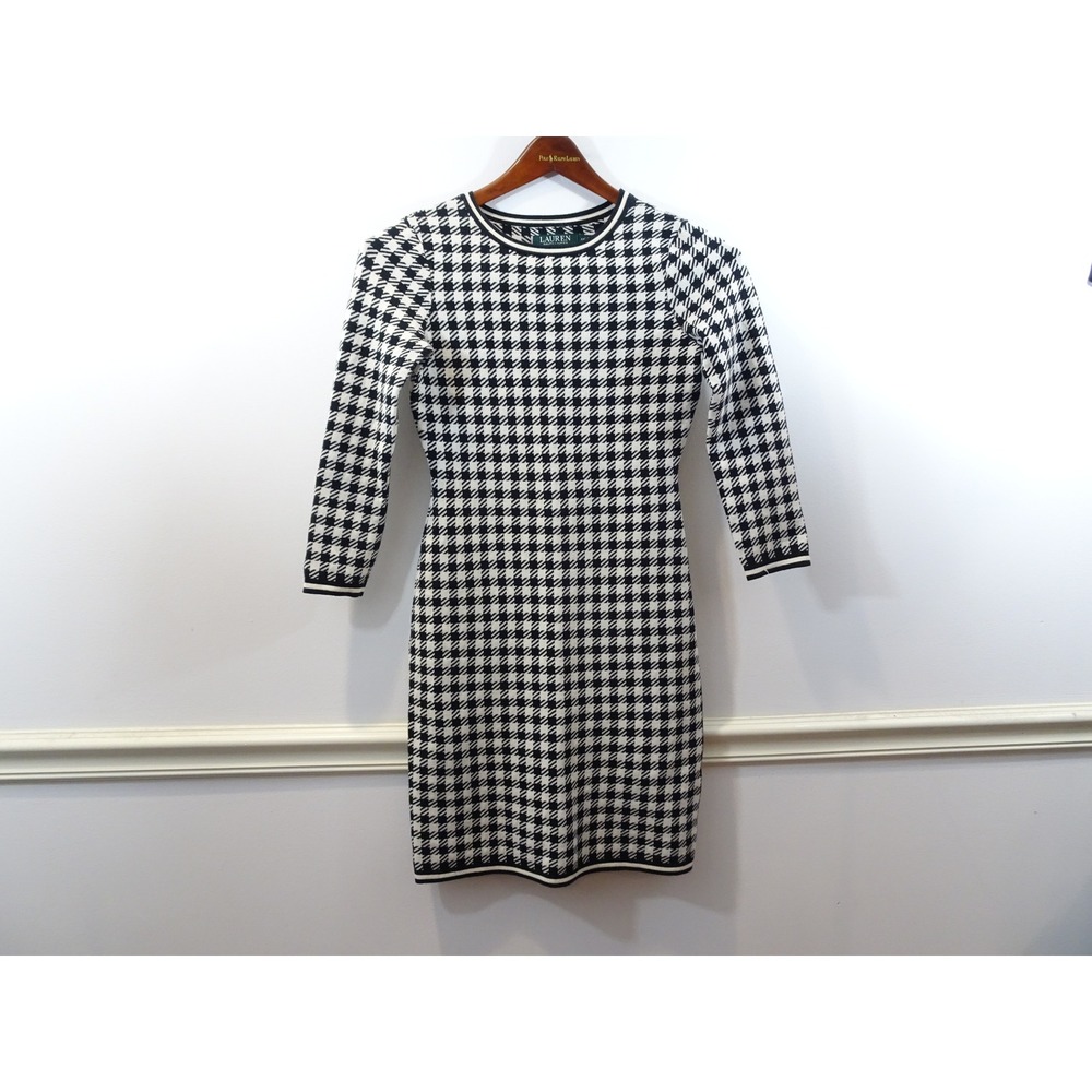 Lauren Ralph Lauren Houndstooth Sweater Dress Black White XS 3/4 Sleeve